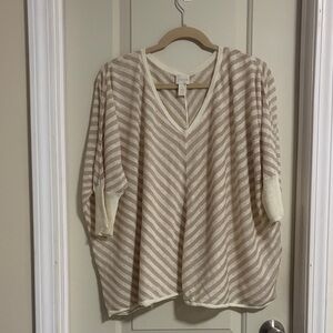 Chicos Linen Blend Blouse Size 1 Taupe Ivory Stripe Slub Knit Relaxed Medium
